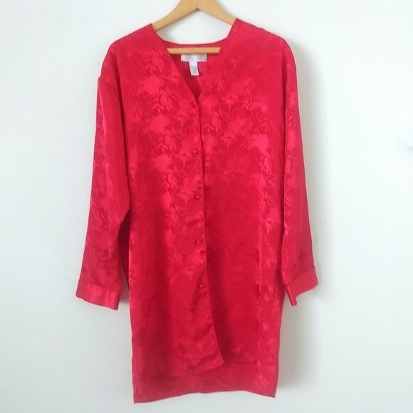 Vintage Satin Button-Front Nightgown, Red Floral Jacquard - Picture 1 of 8